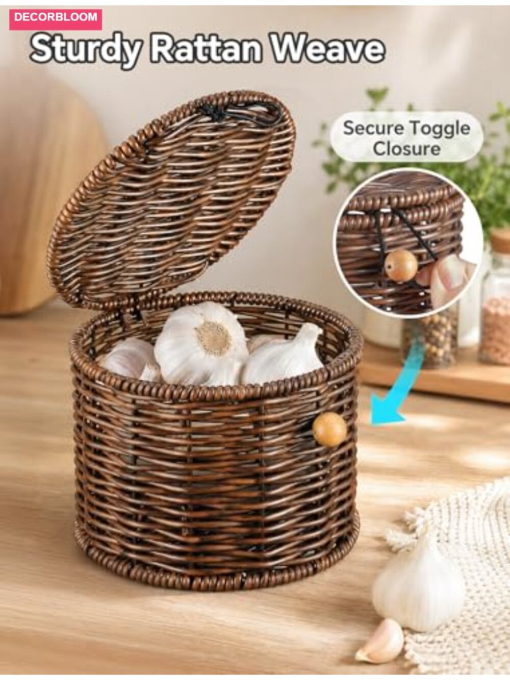 Handwoven Rattan-Style Garlic Keeper for Counter, Holds 8-10 Bulbs, Wide Opening - Picture 3 of 5
